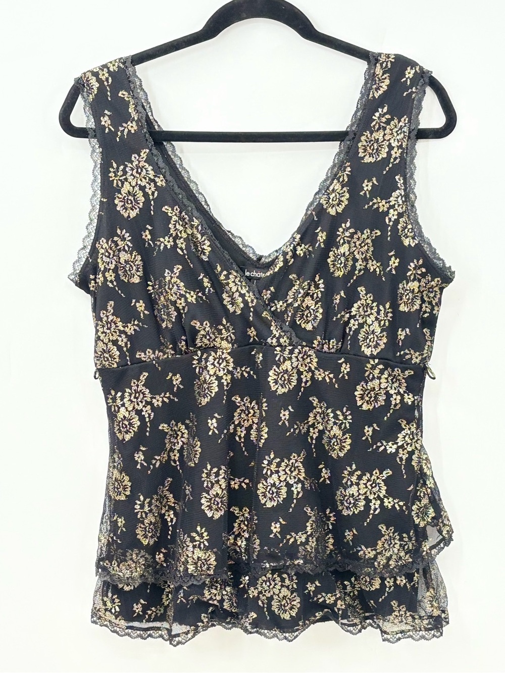 Floral Lace Trim Black & Cream Sleeveless Top